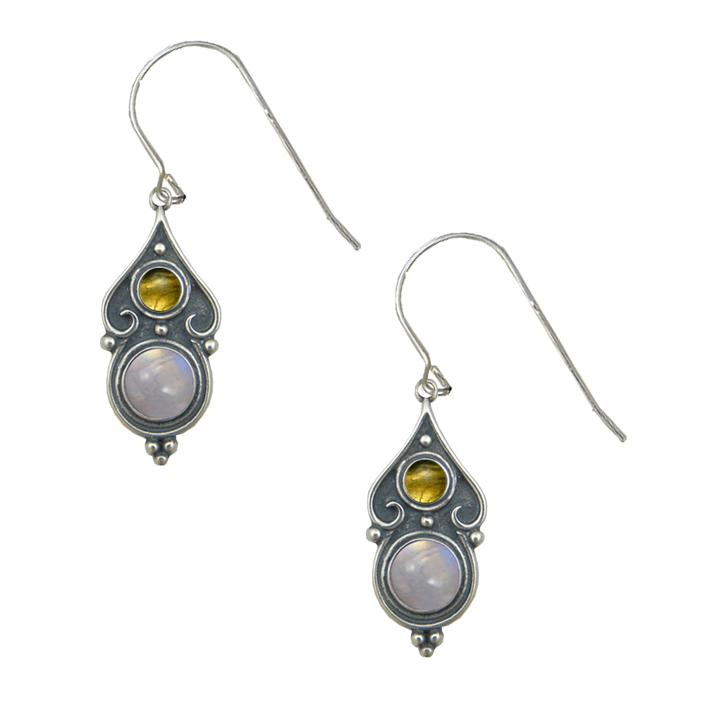 Sterling Silver Designer Post Stud Earrings With Rainbow Moonstone And Citrine